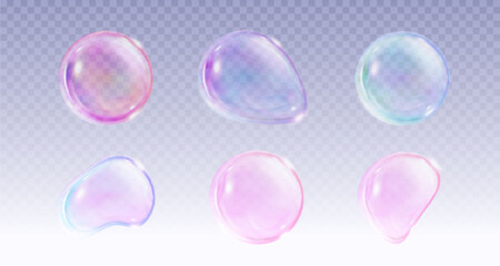 Transparent soap ball with pink, blue and purple iridescent gradient color. Realistic 3d vector illustration set of rainbow shampoo and wash foam sphere. Flying soapy glossy water irregular sphere.