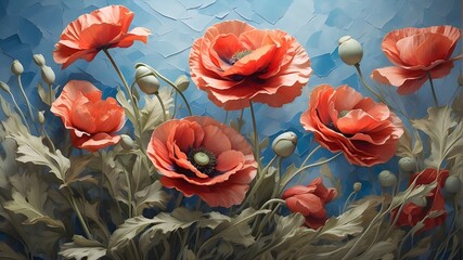 A captivating portrayal of red poppy flowers against a blue background, drawing inspiration from impressionism and nature photography. The art style features loose brushstrokes and soft edges, with a 