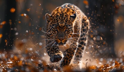 Leopard running in the forest, chase, survival of the fittest, animal world, side, sunlight, passion, 4k wallpaper, high quality,Graceful Leopard in Sunlit Wilderness: Embracing Nature's Majesty

