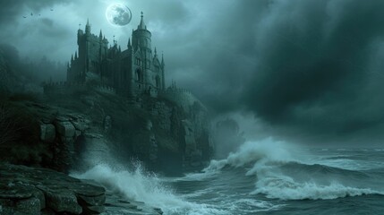 A medieval castle on a misty cliff, overlooking a turbulent sea, under a full moon. Resplendent. - Powered by Adobe