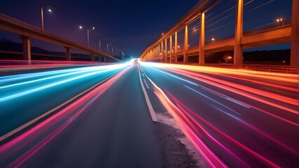 Fototapeta na wymiar Vibrant and dynamic color light trails with a motion effect, captured in a photorealistic photographic style. The scene is set outdoors on a highway at night, with long exposure photography used to cr