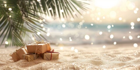 Festive Christmas gifts wrapped in golden paper on a sandy beach with bokeh lights.