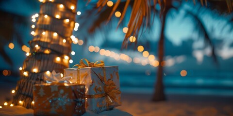 Christmas presents under a palm tree adorned with twinkling lights on a beach at dusk.