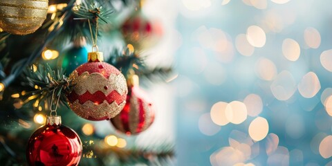 Close-up of vibrant Christmas ornaments hanging on a tropical tree with festive lights.