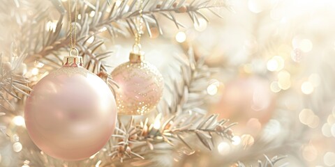 Christmas baubles with golden details hanging on a frosty fir tree branch.