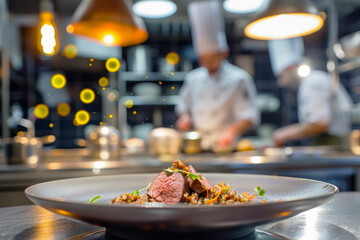 Close-Up of a Gorgeous Meat Dish with a Blurred Background of a Chef Cooking in a Professional...