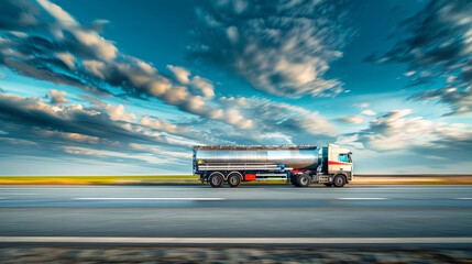A fuel truck transporting petroleum products drives down a road under a dramatic cloudy sky - obrazy, fototapety, plakaty