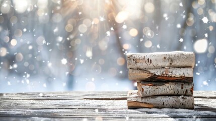 Stack of birch logs on snowy surface with sparkling winter backdrop.