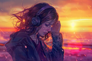 Music and Lights: A Woman Lost in the Joy of Her Favorite Songs, Surrounded by a Vivid Symphony of Colorful Lights, Generative AI