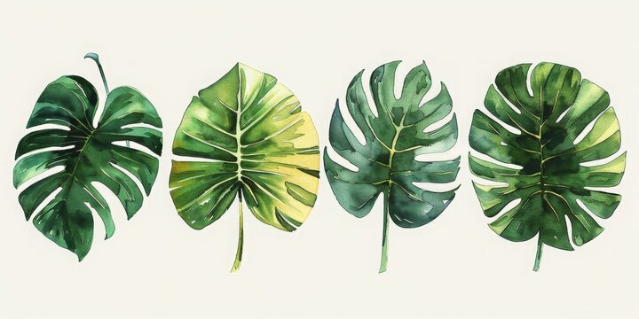 Fototapeta A Series of Lush Monstera Leaves in Watercolor, Perfect for Nature-Inspired Home Decor or Tropical Themes, Generative AI