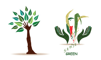 Hand tree green leaf nature illustration and Green hand tree illustration for nature care