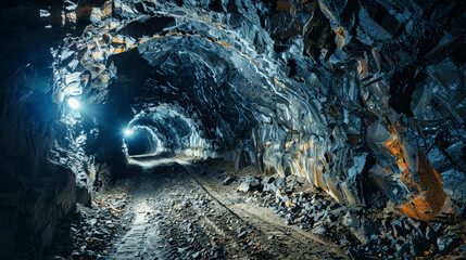 A tunnel revealing a powerful train emerging from the darkness, exuding strength and determination
