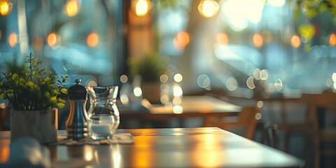 A warm and inviting restaurant table with bokeh lights, offering a cozy dining atmosphere during the evening.
