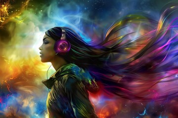 Music and Lights: A Woman Lost in the Joy of Her Favorite Songs, Surrounded by a Vivid Symphony of Colorful Lights, Generative AI