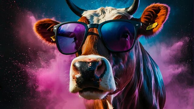adorable cow wear sunglasses with powder explosion background, seamless Animation video background in 4K Resolution