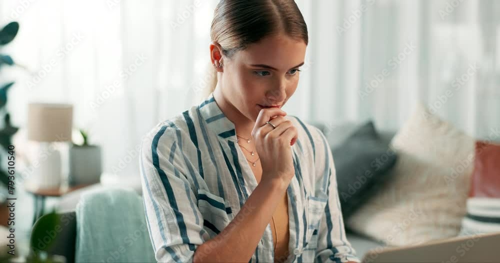 Aufkleber anxiety, thinking and girl with laptop in home for research, studying and elearning for online proje