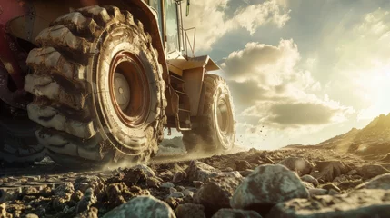 Fotobehang A massive truck with industrial wheels plows through a rocky road at a construction site © Anoo