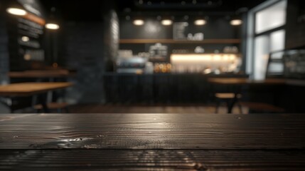 Wooden table foreground with a blurry, cozy coffee shop background. - obrazy, fototapety, plakaty