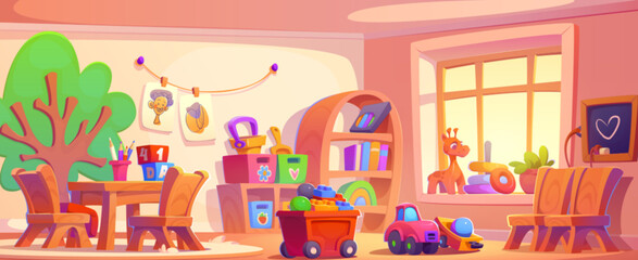 Kindergarten playroom interior design. Vector cartoon illustration of nursery school classroom with large window, furniture and toys, wooden table and chairs for kids, bookshelf, preschool education - obrazy, fototapety, plakaty