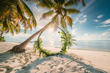 A Serene Beach Wedding Setup with Floral Decorations Amidst Palm Trees and Crystal Blue Waters, Generative AI