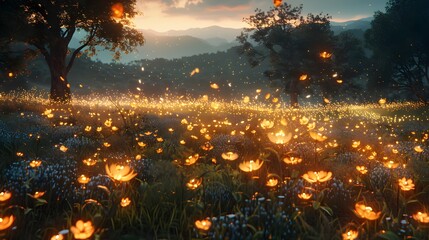 Sunset bathes a flower-filled field in golden light, with fireflies adding a twinkling charm to the landscape.