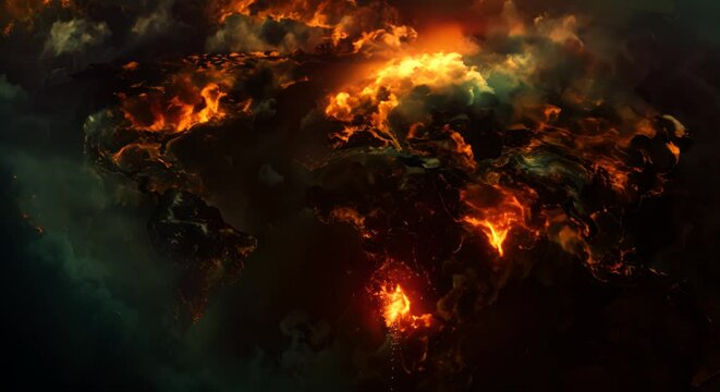 a fractured world map, the fissures filled with the glow of wildfires and industrial pollution,