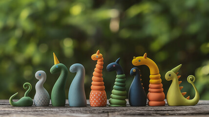 Colorful, playful dinosaur toys arranged in a row, outdoor background.