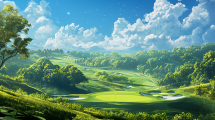 Lush golf course with vibrant green fairways, trees, and blue sky with fluffy clouds.