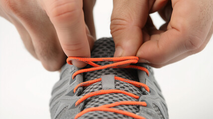 Hands tying the bright laces of a grey running shoe, detailed close-up view.