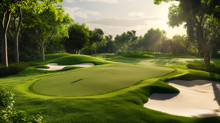Serene golf course with lush greens, sand traps, and trees under a soft sky.