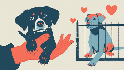 Illustration of a person holding a happy dog with another looking on from behind a fence, hearts in the air.