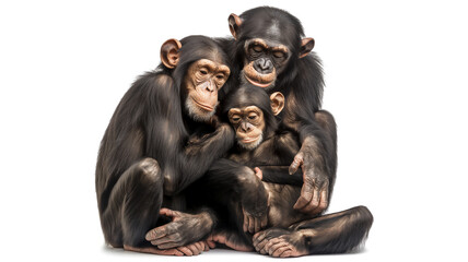 A family of chimpanzees closely huddled together, showing a bond.