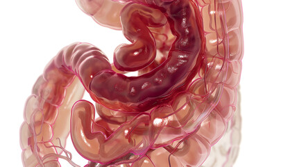 Transparent illustration of the human gastrointestinal tract with visible blood vessels. - obrazy, fototapety, plakaty