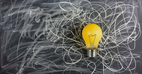 Glowing Concept of Creativity: Yellow Bulb Amidst Chalk Doodles