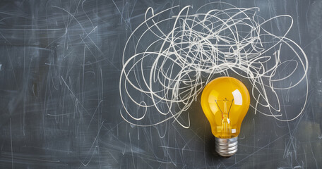 Radiating Ideas: Luminous Bulb Surrounded by Chalkboard Chaos