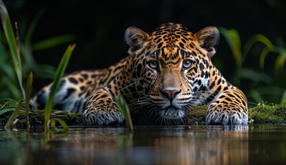 Obraz premium Leopard at night, its focused eyes, full body, lying on mossy grass by the water, with reflection, dark background, animal protection theme, discovering the beauty of nature，Majestic Night Encounter: 
