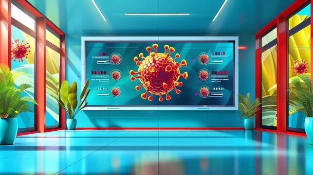 Hightech digital display in a public health office showing statistics and trends related to virus outbreaks globally