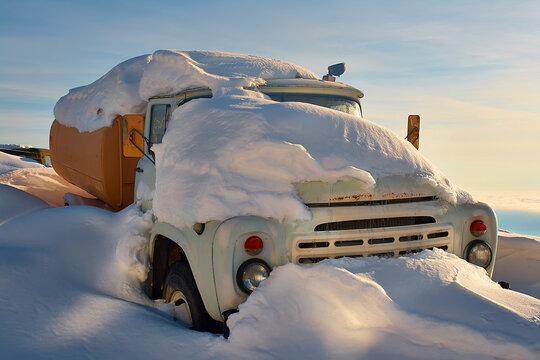A truck filled with snow after snow storm in the mountains.