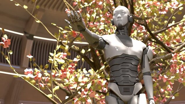 artificial intelligence Mother Earth connection in nature with tree blooming   robot prototype consciousness cyborg 