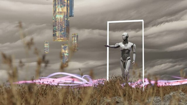 humanoid prototype cyborg artificial intelligence robot stand in nature inside a door gate portal with energy flow in 3d rendering animation 