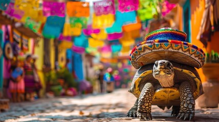 A turtle wearing a sombrero, leading a festive parade through a vibrant Mexican village filled with colorful papel for blog nature lovers gallery