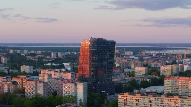 Szczecin City With Hanza Tower Skyscraper In The Distance. Golden hours. 