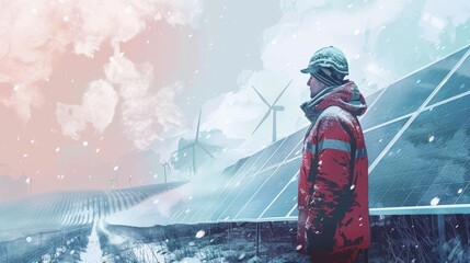 A pensive construction worker in a tranquil, snowy solar field, staring thoughtfully at the snow-laden solar panels, with wind turbines faintly visible in the background, styled as a pastel drawing.