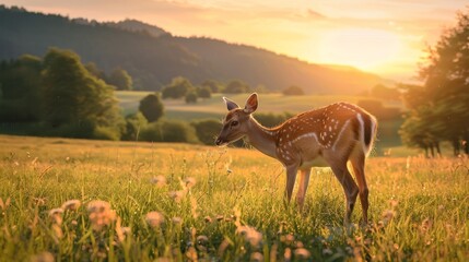 Deer grazing in a picturesque meadow, Wildlife, Smartphone, Wide-angle lens, Golden hour, Serene,...