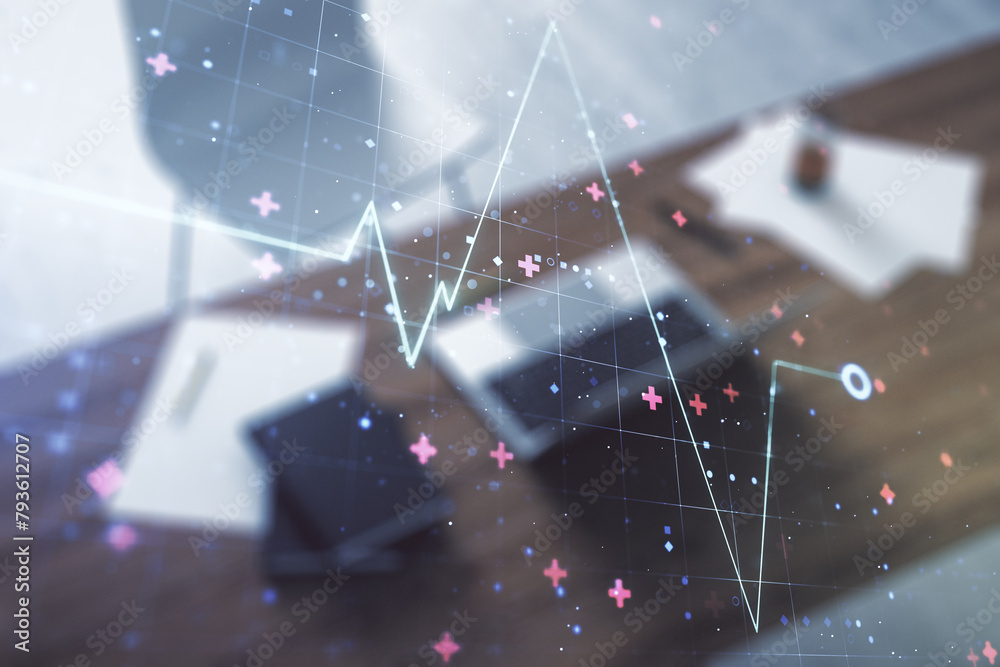 Poster creative abstract heart rate sketch and modern desk with computer on background, medicine and health