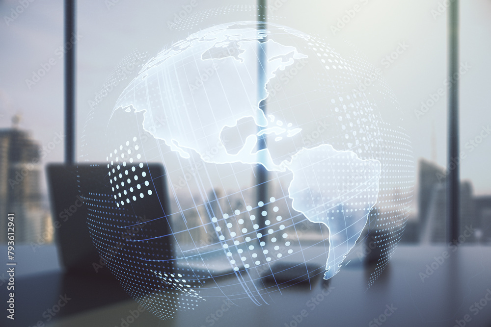 Poster digital america map and modern desktop with computer on background, international trading concept. m