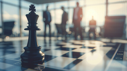 Corporate Challenges and Strategy Depicted on a Chessboard at Sunset