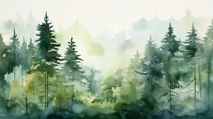 Gordijnen Artistic watercolor strokes forming a lush forest scene © Cloudyew