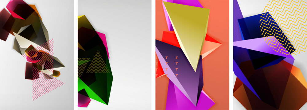 An artful collage of four different colored triangles magenta, violet, electric blue, and white on a white background, creating a vibrant pattern
