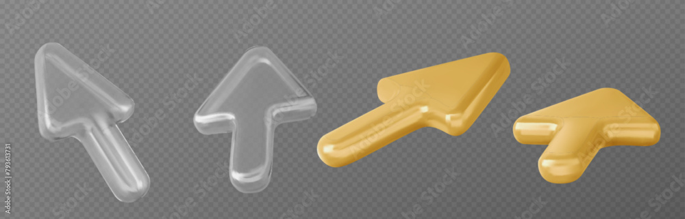 Poster Cursor arrow 3d vector set. Realistic illustration collection of golden and white transparent mouse pointer in different angles of view. Computer action click button. Navigation and selection.